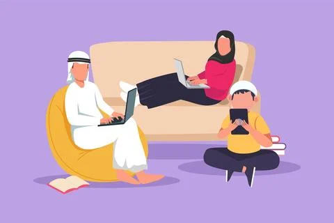 Character flat drawing young man woman using laptop and smartphone or table.. 스톡 일러스트