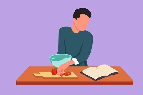 Character flat drawing young man cooking meal while reading tutorial book o.. Stock Illustration