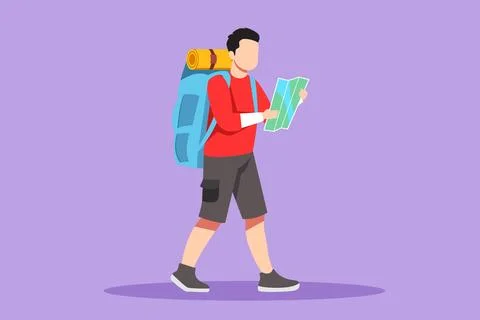 Character flat drawing young man traveler with backpack and map walks to mo.. Stockillustratie