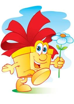 Character gift box with a red bow on the cover steps and carries a flower in Stock Illustration