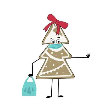 Character of gingerbread cookie in the shape of a Christmas tree with sad Illustrazione stock