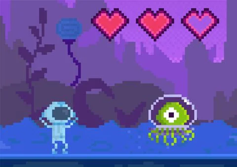 Character goes to unidentified object. Danger alien attacks astronaut with Stock Illustration