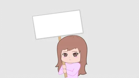 Character Holding Blank Sign Animation, Anime Style Chibi Girl, Alpha Channel 4K Stock Footage 340040955