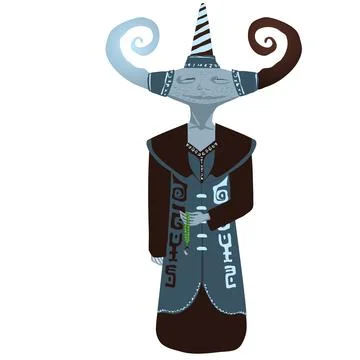 Character humanoid creature sorcerer with twisted horns in a long soutane Stock Illustration