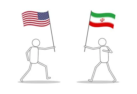 Character icons holding flag between USA and Iran face to face because confli Stock Illustration