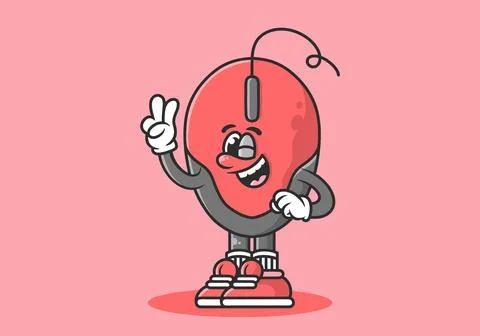 Character illustration of a computer mouse with hands forming a symbol of p.. Stock Illustration