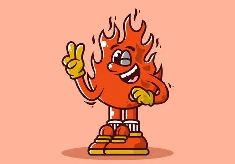 Character illustration of a fire flame with hands forming a symbol of peace.. Stock Illustration