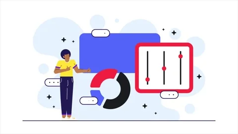 A character interacting with various data visualization elements representing Stock Footage 292850471