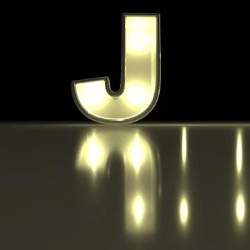 Character J font with reflection. Light bulb glowing letter alphabet. Capit.. Stock Photos
