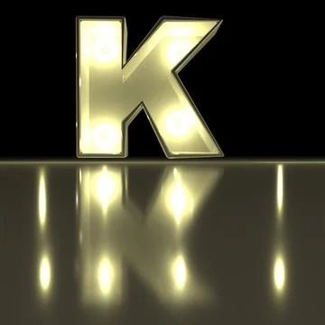 Character K font with reflection. Light bulb glowing letter alphabet. Capit.. Stock Photos