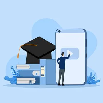 Character looking educational video on smartphone Illustrazione stock