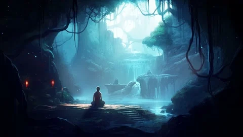 Character in lotus position observing an Asian jungle decorated with remain.. Stock Footage 239677871