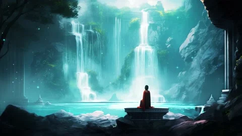 Character in lotus position observing a jungle and Asian waterfall decorate.. Video stock 239677886