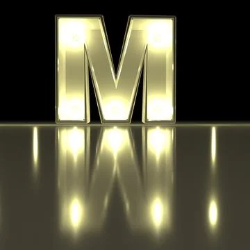 Character M font with reflection. Light bulb glowing letter alphabet. Capit.. Stock Photos