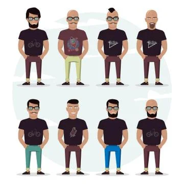 Character mens set on a white background. People with a beard, bald, with a Stock Illustration