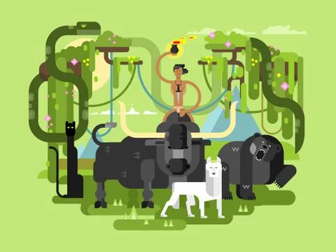 Character Mowgli with animal Stock Illustration