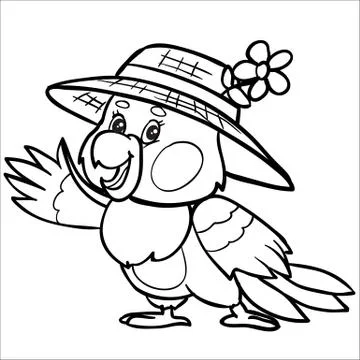 Character of a parrot in a hat is drawn in outline, isolated object on a white Stock Illustration