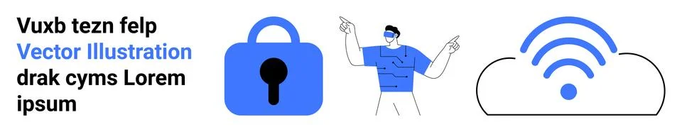 A character pointing at a padlock and a cloud with a wireless symbol in blue. Stock Illustration
