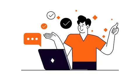 Character presenting online services flat illustration, Man gesturing next to Stock Illustration