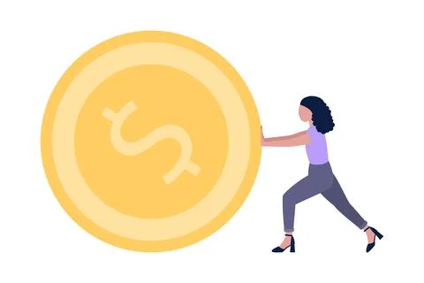 Character pushing a large coin Stock Illustration