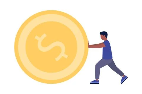 Character pushing a large coin Stock Illustration