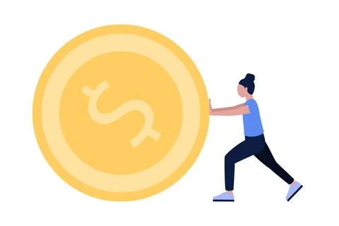 Character pushing a large coin Stock Illustration