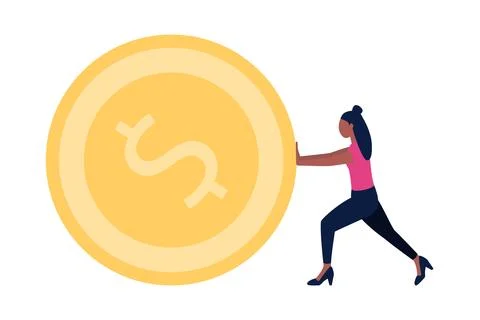 Character pushing a large coin Stock Illustration