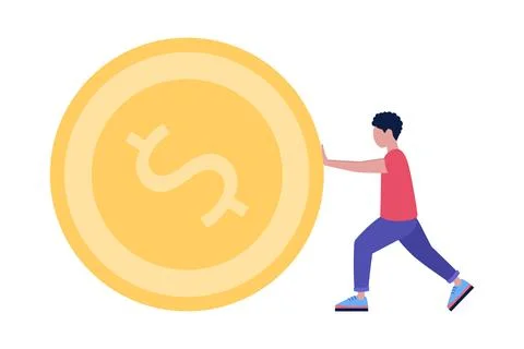 Character pushing a large coin Stock Illustration