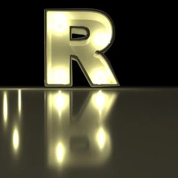 Character R font with reflection. Light bulb glowing letter alphabet. Capit.. Foto stock