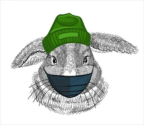 The character is a rabbit in a protective mask and hat. Sketch illustration for Stock Illustration