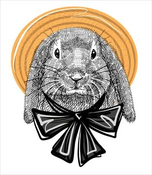 The character is a rabbit in a straw summer hat with black silk ties. Stock Illustration