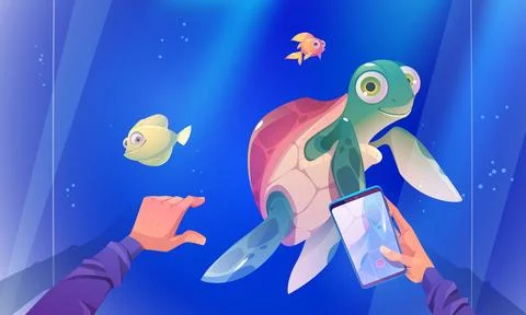 Character record video of turtle swim in aquarium Illustrazione stock