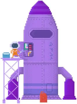 Character repairs rocket to fly away. Pixel alien fueles aircraft. Purple rocket Stock Illustration