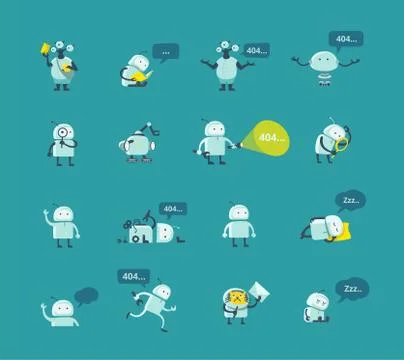 Character robot set Different situations. 404 error page not found funny repairs Stock Illustration