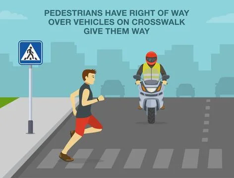 Character running on crosswalk in front of a motorcycle. Right of way. Stock Illustration