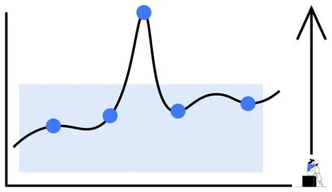 Character scales upward on a line graph with five blue data points, black lin Illustrazione stock
