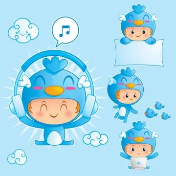 Character set of a boy in blue bird costume Stock Illustration