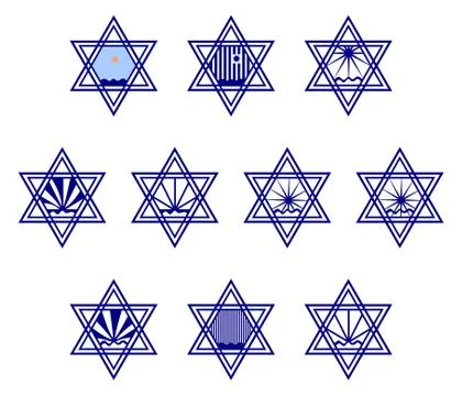 Character set containing symbols hexagram on water and the sun or rain Stock Illustration