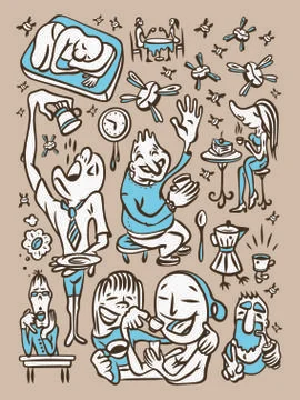 Character set of drinking coffee people. Funny illustration of people in cafe Illustrazione stock