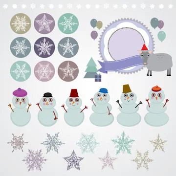 Character set of the new year snowflake, snowman, sheep, christmas tree, gift Stock Illustration
