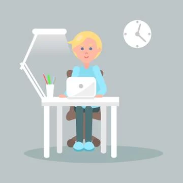 Character Sits at Table with Laptop Illustration Illustrazione stock
