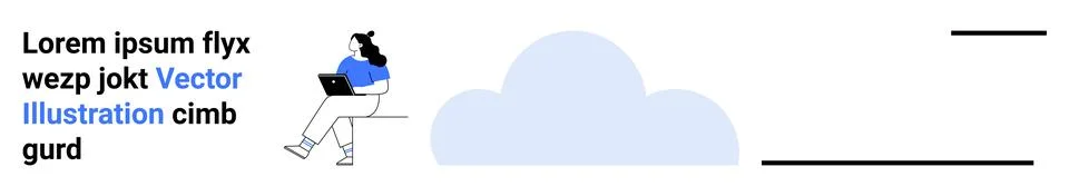 Character sitting and using a laptop, cloud graphic, horizontal lines. Ideal  Ilustración de archivo