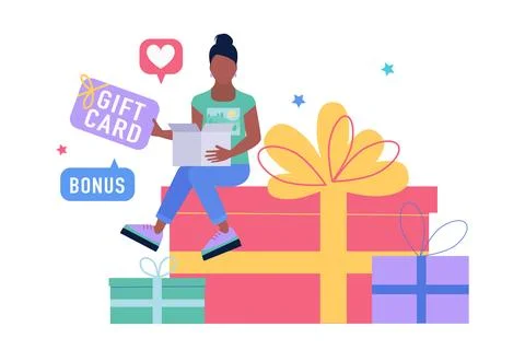 Character is sitting on a large gift and holding a gift card Stock Illustration