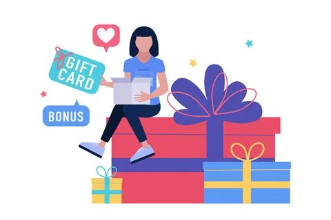 Character is sitting on a large gift and holding a gift card Stock Illustration