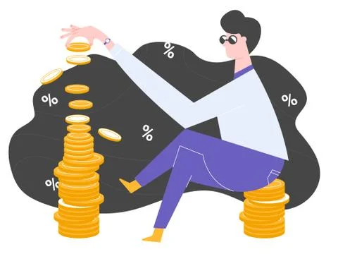 Character is sitting on a stack of gold coins. 스톡 일러스트