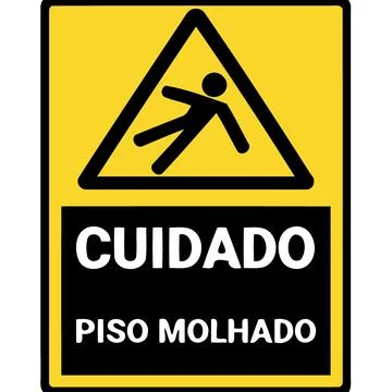Character slipping and falling with text "caution wet floor" in portuguese 스톡 일러스트