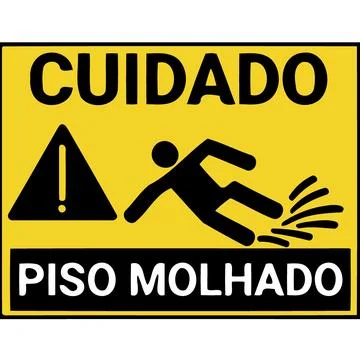 Character slipping and falling with text "caution wet floor" in portuguese 스톡 일러스트