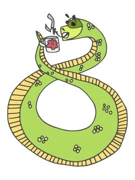Character snake who drinks coffee curled up in a Stock Illustration