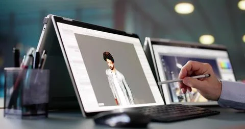 Character Software Design On Computer. 3d model Graphic Modeling Stock Photos