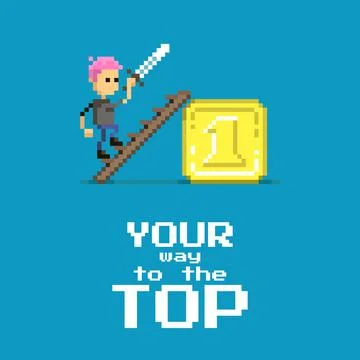 Character with a sword in his hands climbing a ladder on a gold pedestal Stock Illustration